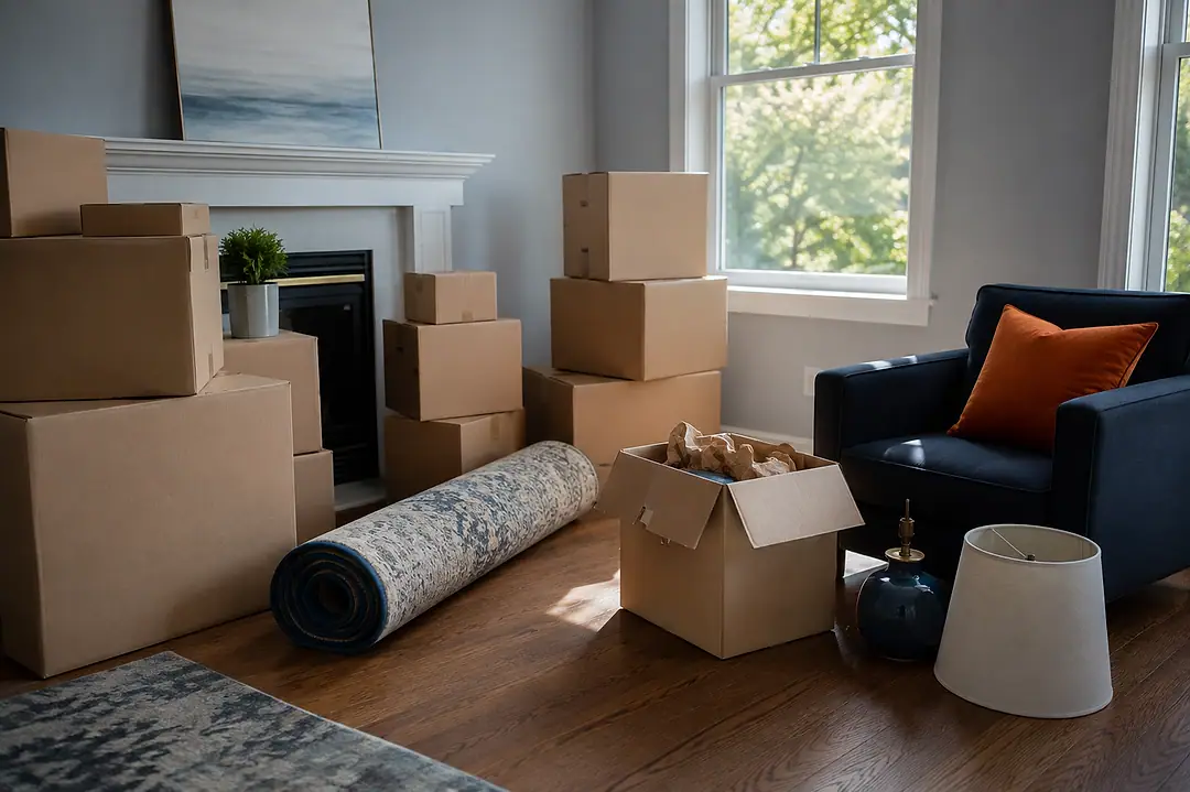 A living room with furniture wrapped and cardboard boxes stacked, ready for a move.