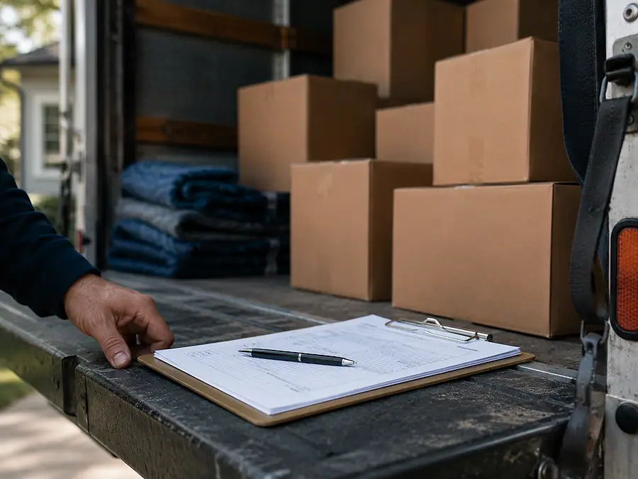 A clipboard with a moving inventory sheet resting on the tailgate of a moving truck.